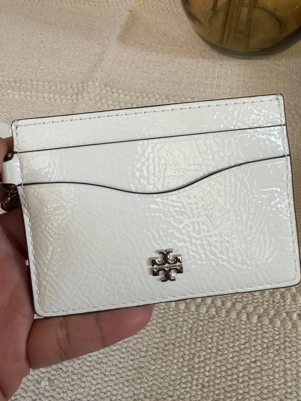 Tory Burch White Leather Card Holder with Logo Charm